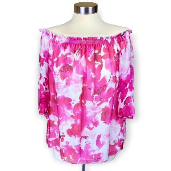 Worth Silk Crinkle Chiffon Pink and White Off The Shoulder Blouse, Small - Picture 1 of 13